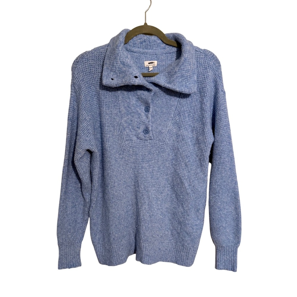 Aerie Womens Blue Marl Waffle Knit Button Collar Oversized Pullover Sweater XS
